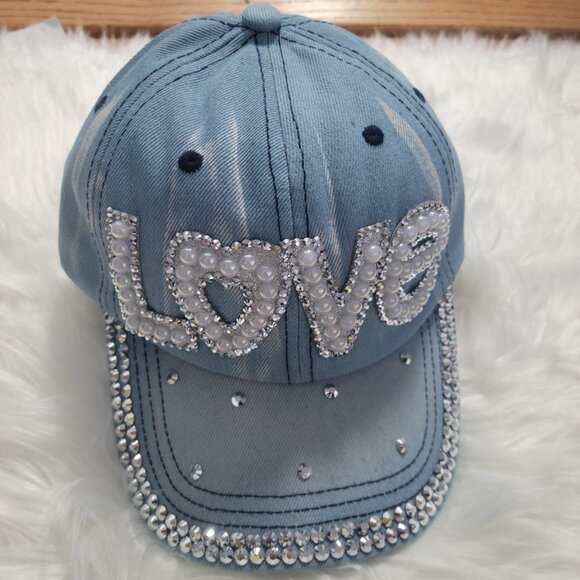Bling LOVE Denim Baseball Cap - Picture 3 of 7